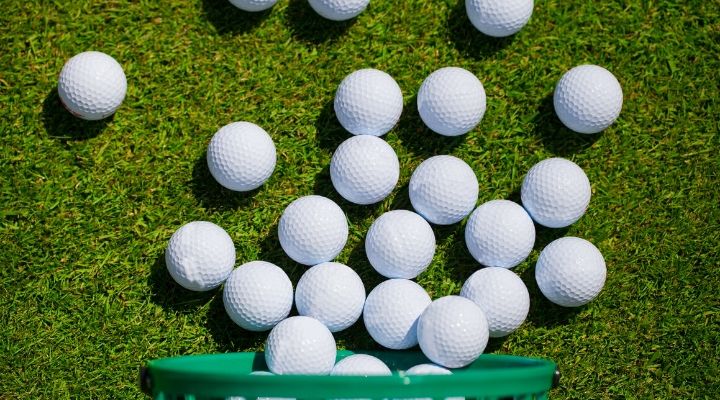 A dozen golf balls spread out on the grass
